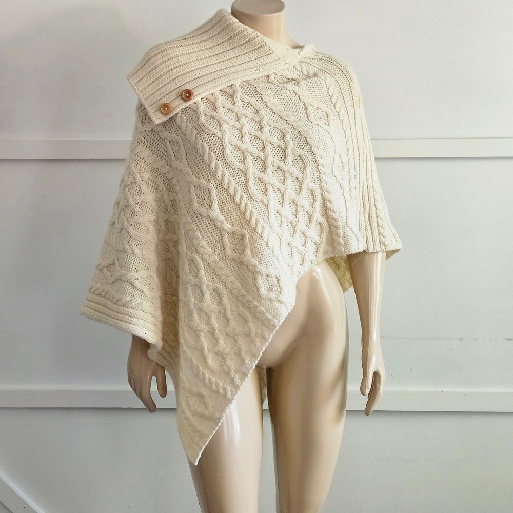 British Wool Cream Cable Knit Poncho Cowl Neck Button Asymmetrical Cape Wrap